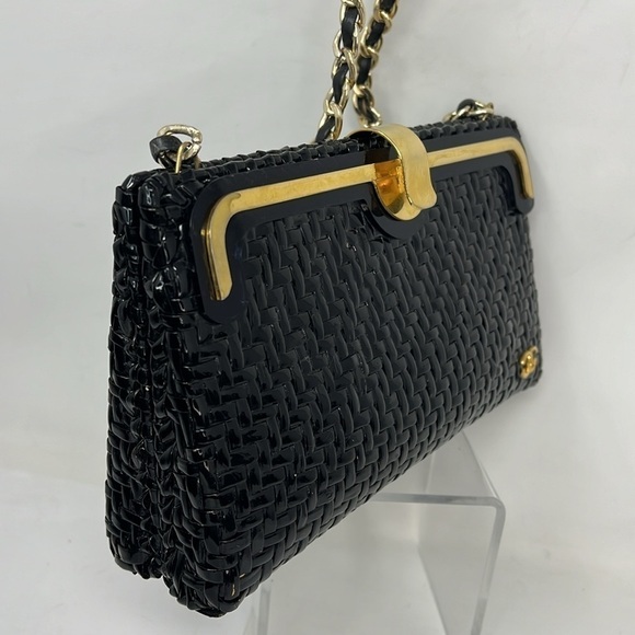 Greta Italy Vintage Black Lacquered Woven Structured Wicker Clutch Shoulder Bag - Picture 4 of 13